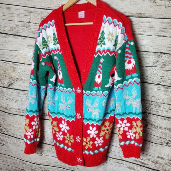 Holiday Time Women's Ugly Christmas Cardigan, Gnomes Multicolor Size M (8-10) - Picture 1 of 6